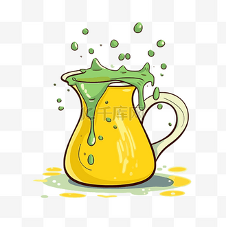 在水罐中倒入剪贴画黄色果汁正在喷洒矢量图卡通