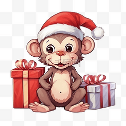 圣诞节时带着礼物的卡通猴动物角
