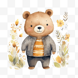 日历水彩图片_卡通动物水彩插图与熊