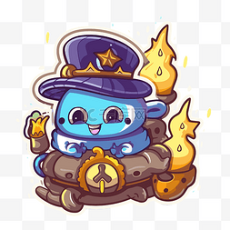 蓝色火图片_戴着帽子的卡通蓝色人物坐在火上
