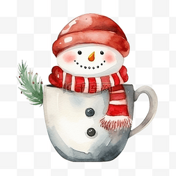 卡通风格圣诞陶瓷雪人杯水彩插图