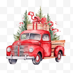水彩汽车圣诞树图片_水彩红色圣诞老式卡车，有树木和