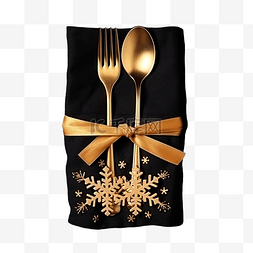 psd格式硬质铺装图片_圣诞金色餐具，装在小纺织袋中，