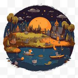 晚上的房子卡通图片_晚上剪贴画动物和河上的房子和池