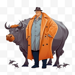 卡通人性化大公牛，穿着外套和小