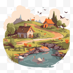 乡村剪贴画卡通风景与房子和河流