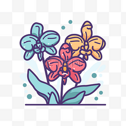 线矢量风格设计中的三朵彩色兰花