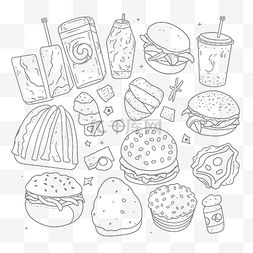 快餐垃圾食品图片_食品着色或着色页设计轮廓草图的