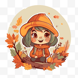 戴着橙色帽子和 T 恤坐在秋叶剪贴