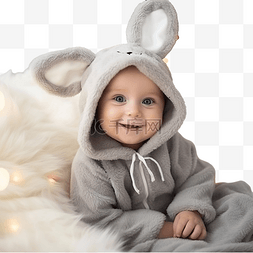 礼物灰色图片_穿着兔子服装的新生婴儿躺在节日