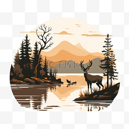 湖边日落图片_湖边的鹿艺术线条插画