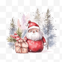 松树喜庆图片_可爱的红色圣诞圣诞老人麻袋水彩