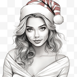 衣服女线条图片_手绘美丽女孩的肖像，穿着圣诞礼