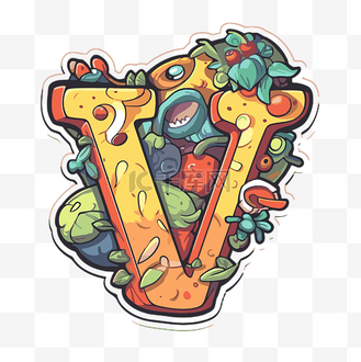字母 v 的刻字,有蔬菜剪贴画的彩色卡通插图 向量