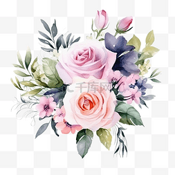 宽松图片_宽松水彩七彩玫瑰和野花花束元素
