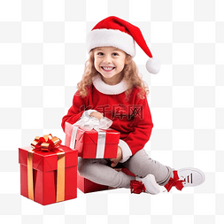 坐着的的孩子图片_穿着圣诞服装的快乐小女孩孤立地