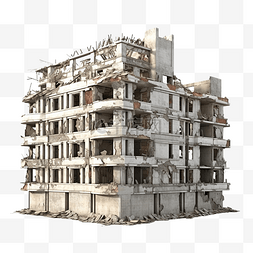 广州国潮建筑图片_战后受损的中型建筑 3D 渲染隔离