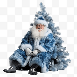 圣诞树附近穿着蓝色毛皮大衣的英