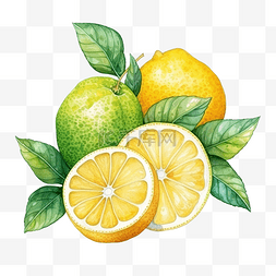 新鲜水果切片柠檬画水彩柑橘类水