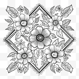 黑白手绘插图中的轮廓方形花卉插