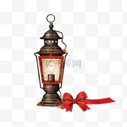 折纸灯图片_带红丝带和古董灯的圣诞折扣卡