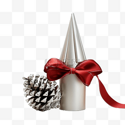 红松果图片_与红丝带和银锥体的圣诞礼物装饰