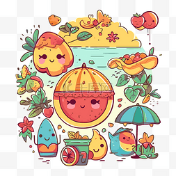 夏季剪贴画 夏季设置与水果和雨