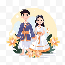 可爱的扁平风格泰国夫妇穿着传统