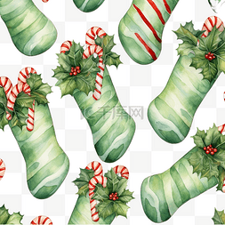 水彩花卉画图片_圣诞冬青绿色图案，配有精灵袜和