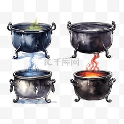 沸腾的火图片_一套钢制黑色大锅，配有沸腾的魔