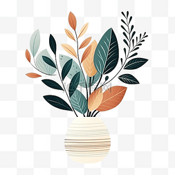 装饰涂鸦叶植物与花瓶