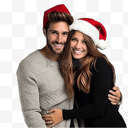 合影屋图片_圣诞树旁戴着圣诞帽的幸福情侣合