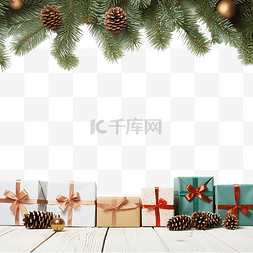 冷杉树枝图片_圣诞礼品盒和木桌上的冷杉树枝的