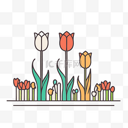 矢量线条花朵背景图片_郁金香和黄色花朵的线条艺术插图