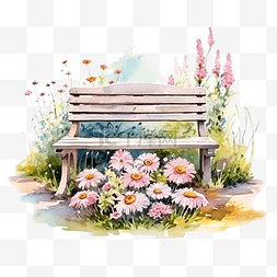 手绘手幅图片_水彩长凳花园