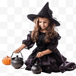 可爱的魔术棒图片_穿着服装和帽子的小女巫变出锅