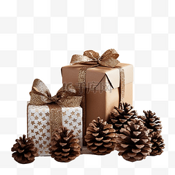 圣诞礼品盒和木制锥体的冷杉树枝