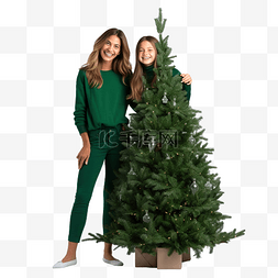 生长的圣诞树图片_母亲和女儿站在一棵完全生长的绿