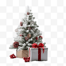 圣诞帽中的礼物图片_圣诞树站在雪中，灰色的圣诞礼物