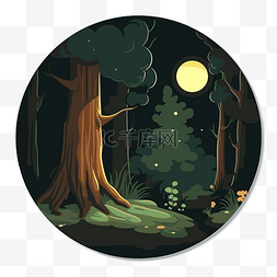 有树和月亮圈艺术插画的夜晚森林