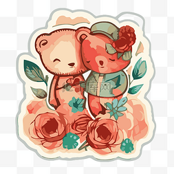 鲜花贴纸素材图片_贴纸显示卡通泰迪熊拥抱和鲜花剪