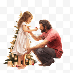 快乐的父亲帮助女儿把天使放在圣