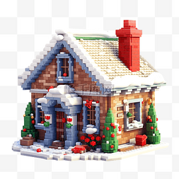 带雪的圣诞装饰图片_带圣诞装饰的像素砖房