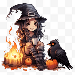 快乐的万圣节小女巫坐在燃烧的壁