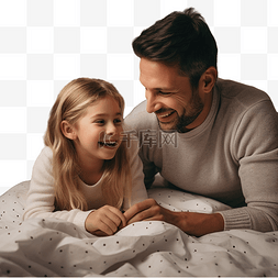 幸福在家的孩子图片_父亲和女儿在家靠近圣诞树的床上