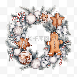 圣诞環图片_手绘银灰色圣诞花环配姜饼