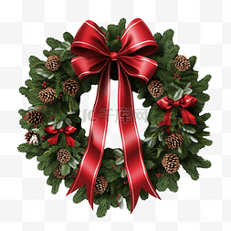 圣诞花环红色图片_圣诞花环，带有红色蝴蝶结和丝带