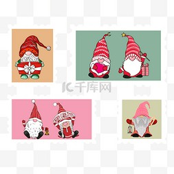 圣诞边框水彩图片_圣诞侏儒邮票人物组合