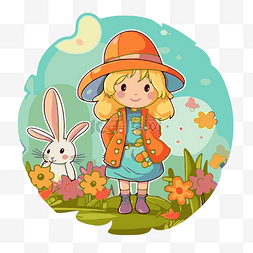 戴帽子的兔子图片_夏季花园花帽和围巾中戴着橙色帽