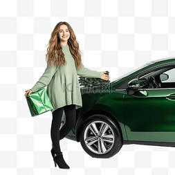 代币经济模型图片_积极的年轻女孩站在车旁，车顶上